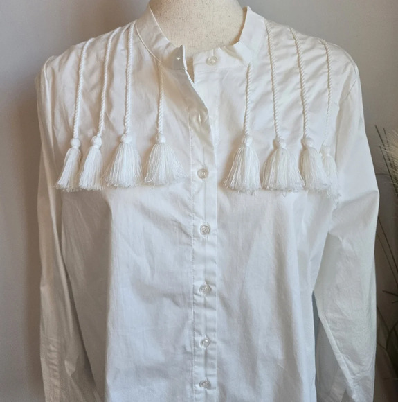 The Shirt Rochelle Behrens New White Tassel Cotton Button Front Shirt Size XL - Picture 4 of 11